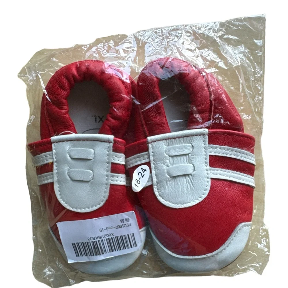 Baby Boy & Girl Leather Shoes Toddler Soft Sole First Walking Crib Red & White